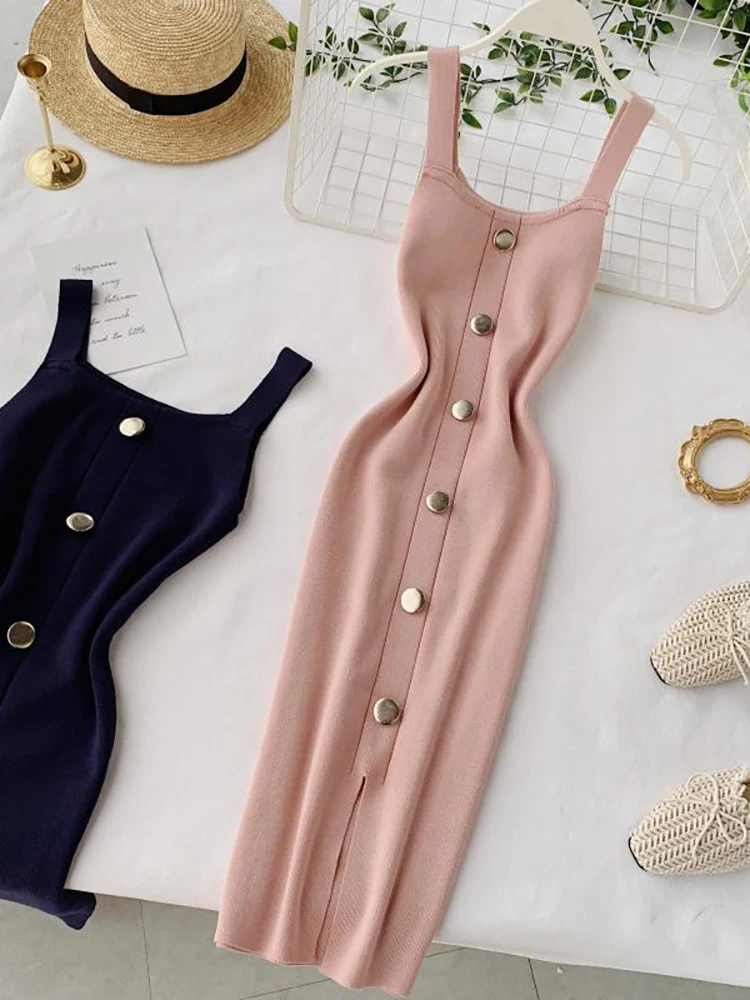 

2020 Summer Pink/Red/White/Black Women Knitted Dress Vintage High Waist Button Single-breasted Slim Casual Dress For Female New