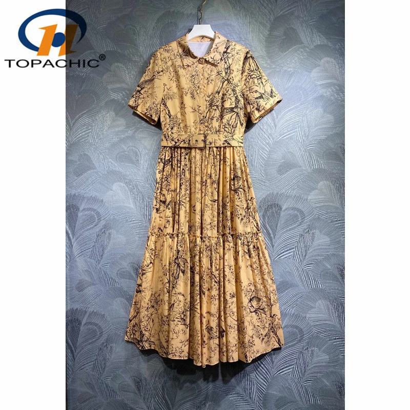 

4.11 High Quality Cotton Print Elegant Temperament Belt Collect Waist Lapel Short Sleeve Midi Dress Women