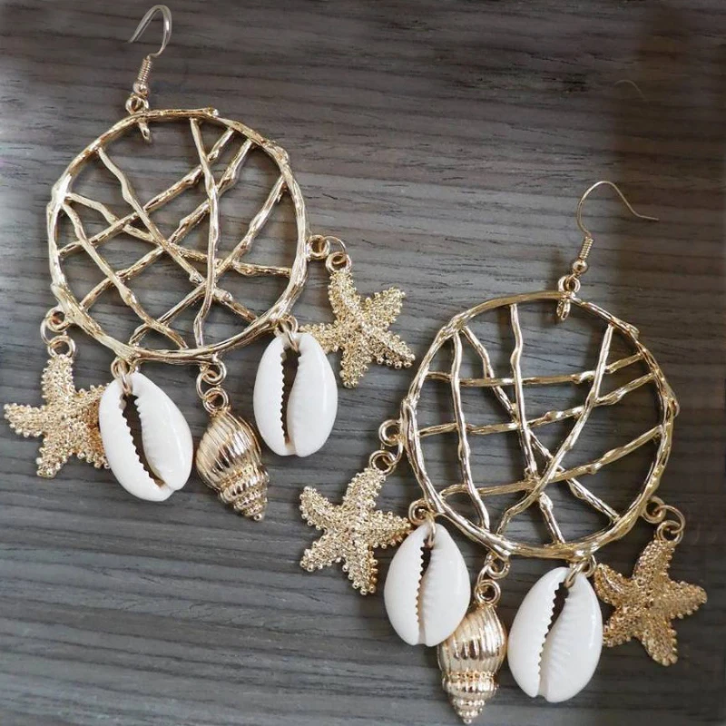 

Boho Shell Conch Starfish Dream Catcher Earrings Summer Fashion Ladies Pendant Earrings Beach Party Jewelry