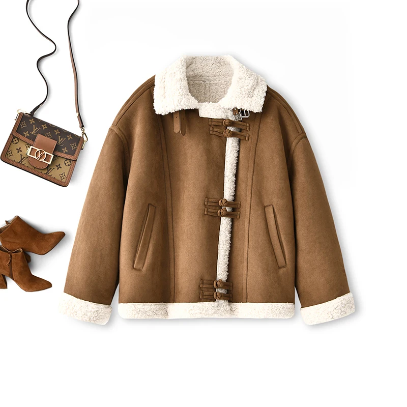 New  Casacos Femininos Inverno 2022  Faux Fur  Faux Leather  Full Pelt  Thick Warm Fur  High Street  Spliced  Turn-down Collar