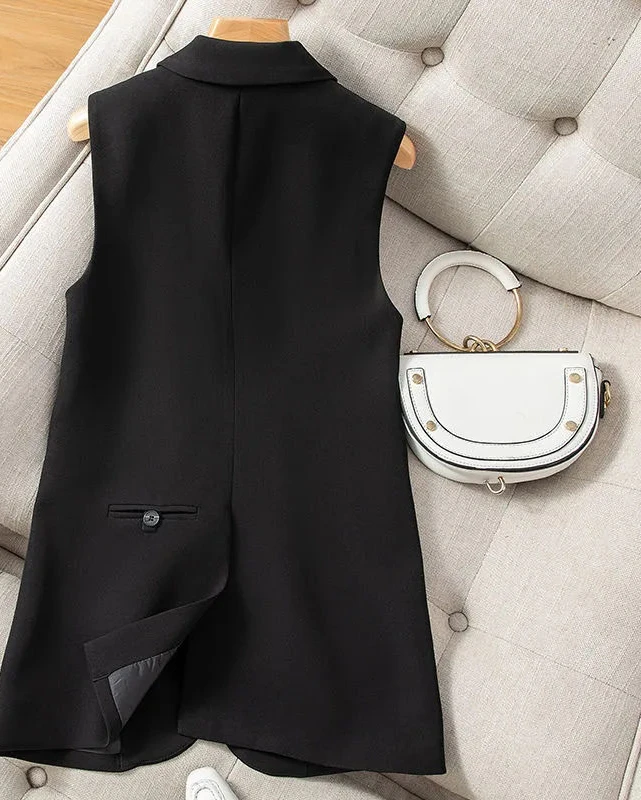 

Summer Spring Female Solid Color Turn Down Collar Vest Office Lady Elegant Sleeveless Coat Women Single Button Waistcoat M564