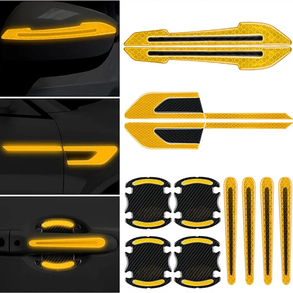 

12x Yellow Badge Reflective Car Door Handle Fender Rearview Mirror Scratch Film Stickers Car Accessories