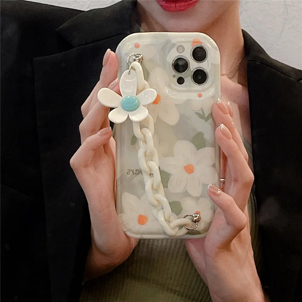

ins Oil Painting Bracelet Small Flower Phone Case For iPhone 13 12 11 Pro X XS XR Max Shock-resistant Silicone Protection Shell