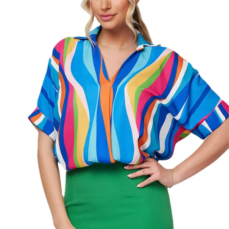 New Short Sleeve Women Shirt Female Striped Printed Pullover Loose Top Elegant and Youth Woman Blouses 2023 Summer Lady Clothing