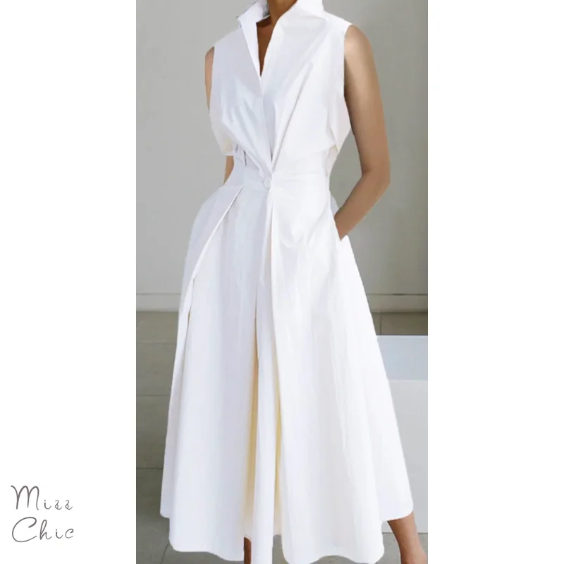 S-5XL Summer Dress Woman 2023 Trendy Cotton Korean Sleeveless White Shirt Neck Ruched Maxi Robe Formal Clothes Streetwear Women