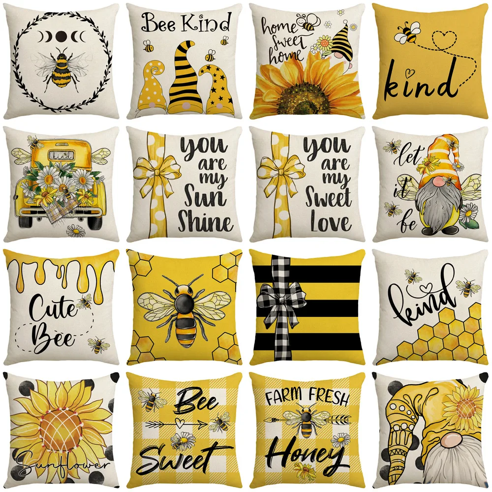 

Cute Bee Kind Printed Pillowcase Flower Cushion Cover Farmhouse Home Decor Pillow Cover 45x45 Sofa Decorative Yellow Pillow Case