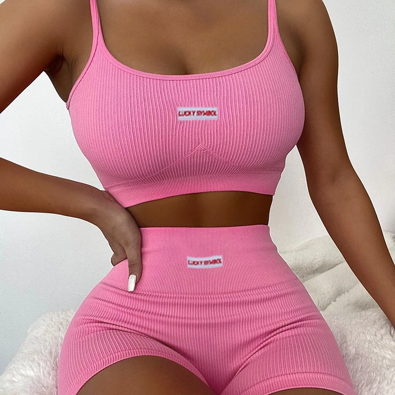 Women Sports Two-piece Running Set Summer Ribbed Knit Tracksuits Female Sleeveless Straps Crop Tops+High Waist Shorts Female Set