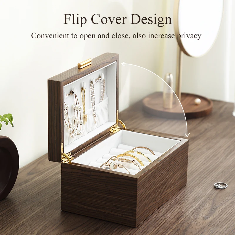 Flip Cover Wooden Jewelry Storage Box Women Jewellery Display Organizer Boxes for Bracelet Necklace Earring Jewelry Storage Case