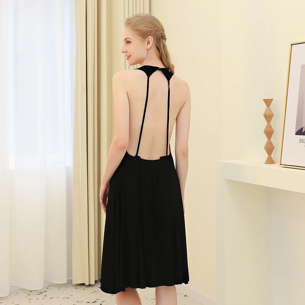 

Sexy Backless Nightgown Female Black Halter Nightdress Sleeveless Intimate Nighty Dress Loose Soft Pijamas Temption Sleepwear