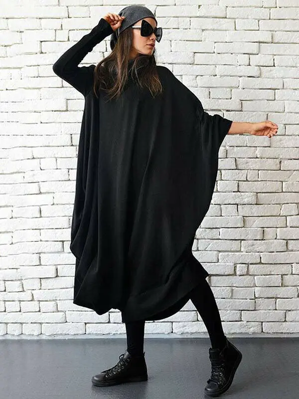 

US Women Batwing Sleeves Black Heaps Collar Asymmetric Loose Midi Dress Casual Dress Plus Size Dress