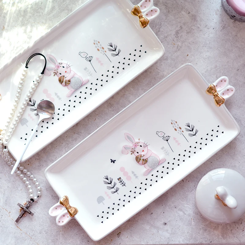 

Cute Rabbit Ears Rectangular Ceramic Plates Creative 10-inch Steak Dinner Plates Creative Kitchen Cutlery Dinner Plates vajillas