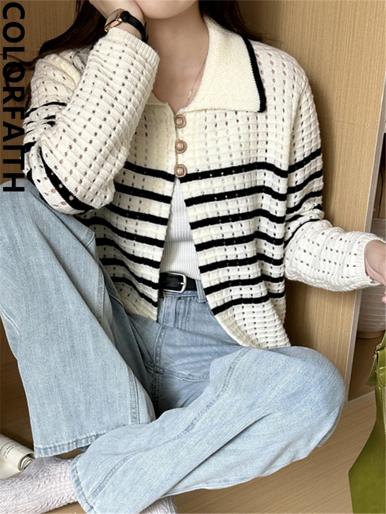 

Colorfaith SWC5427JX Новинка 2023 полосатый шикарный Дикий корейский модный вязаный кардиган женский осенне-зимний элегантный женский короткий топ