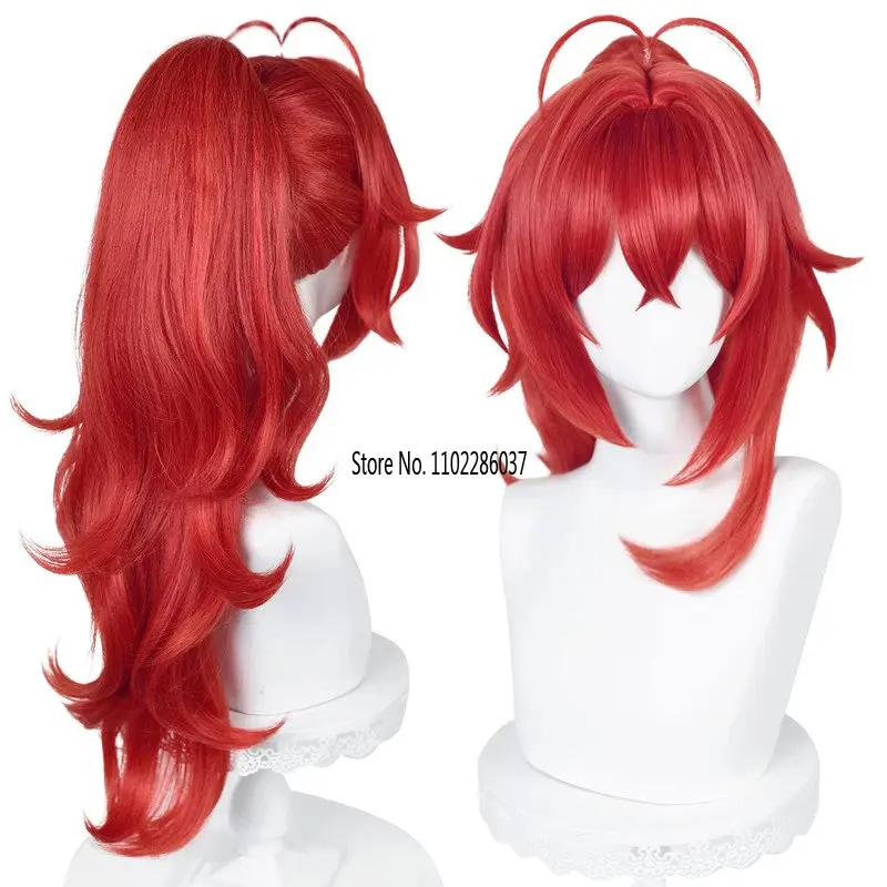 

Genshin Impact Diluc Cosplay Wig Manga Diluc Detachable Anime Clip Ponytail Resistant Hair Red Heat Synthetic Wigs + Wig Cap