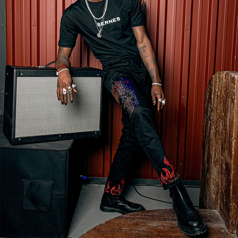 Mans Stretchy Black Jeans Skinny Slim Fit Hot Drill Punk Streetwear Biker Trousers Man Rhinestone Hole Letter Denim Pencil Pants