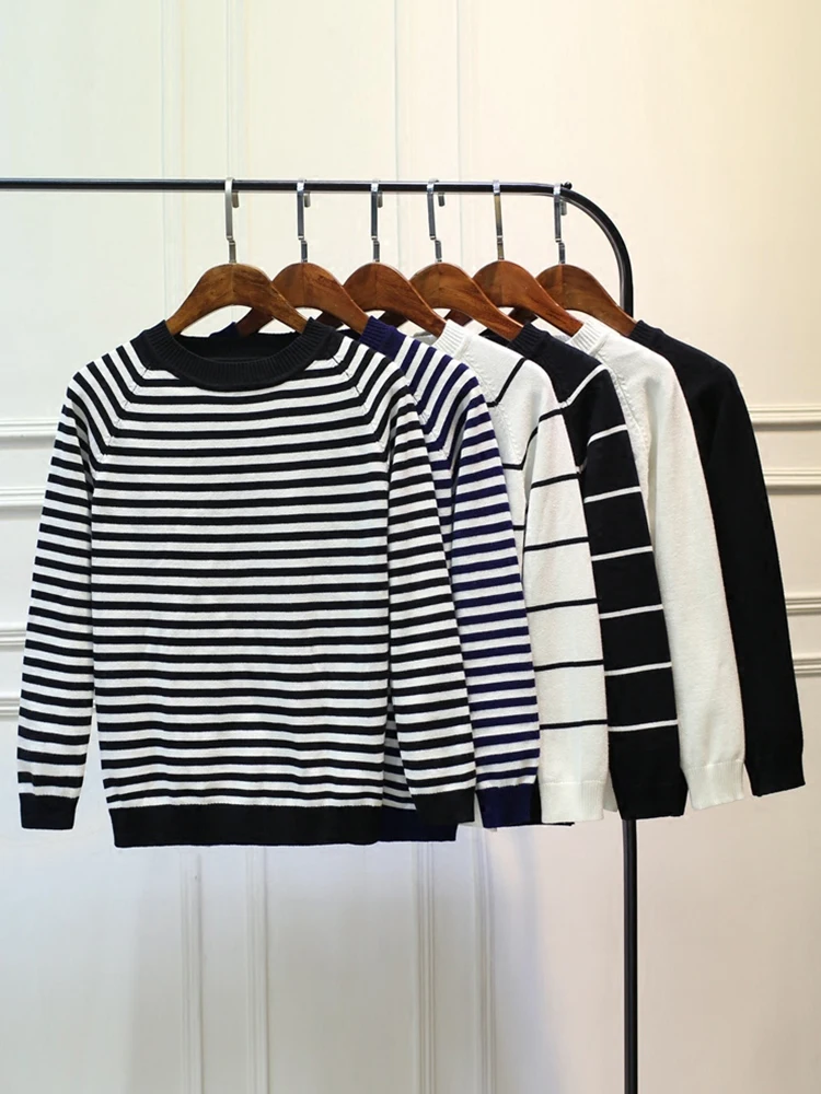 

gkfnmt Stripe Long Sleeve Black Knitted Tshirt Women Tops Autumn O-neck Pullover Casual Spring White T Shirt