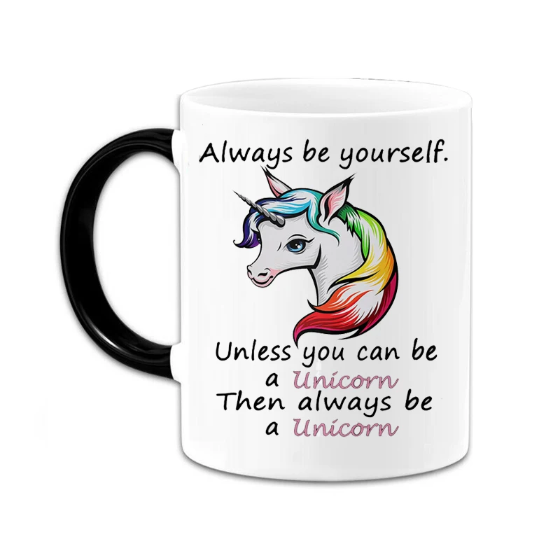 Фото Забавные мультяшные кружки с единорогом Always be Yourself, меняющие цвет, волшебная Термочувствительная кофейная кружка, кружка из костяного фарфора, кружка для чая №1