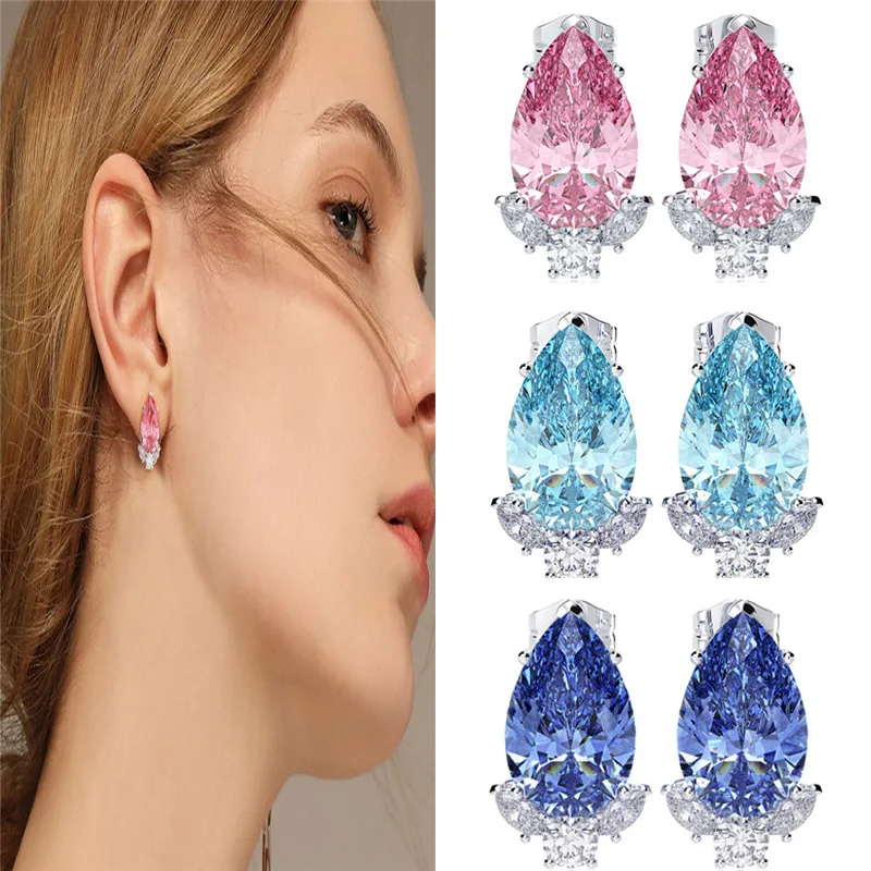 

New Gorgeous Teardrop CZ Stud Earrings Bridal Wedding Engagement Accessories Pink/Blue Elegant Women Fashion Jewelry