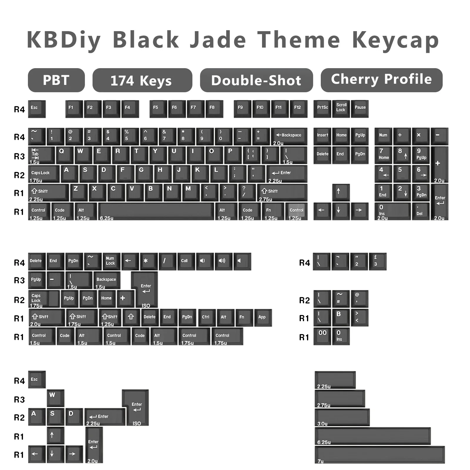 KBDiy PBT черные нефритовые колпачки для механических клавиатур колпачок клавиатуры