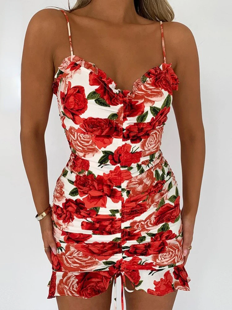 

Sexy V Neck Strap Floral Printed Ruched Ruffled Mini Dresses Women 2022 Summer Backless Bodycon Drawstring Party Club Dress