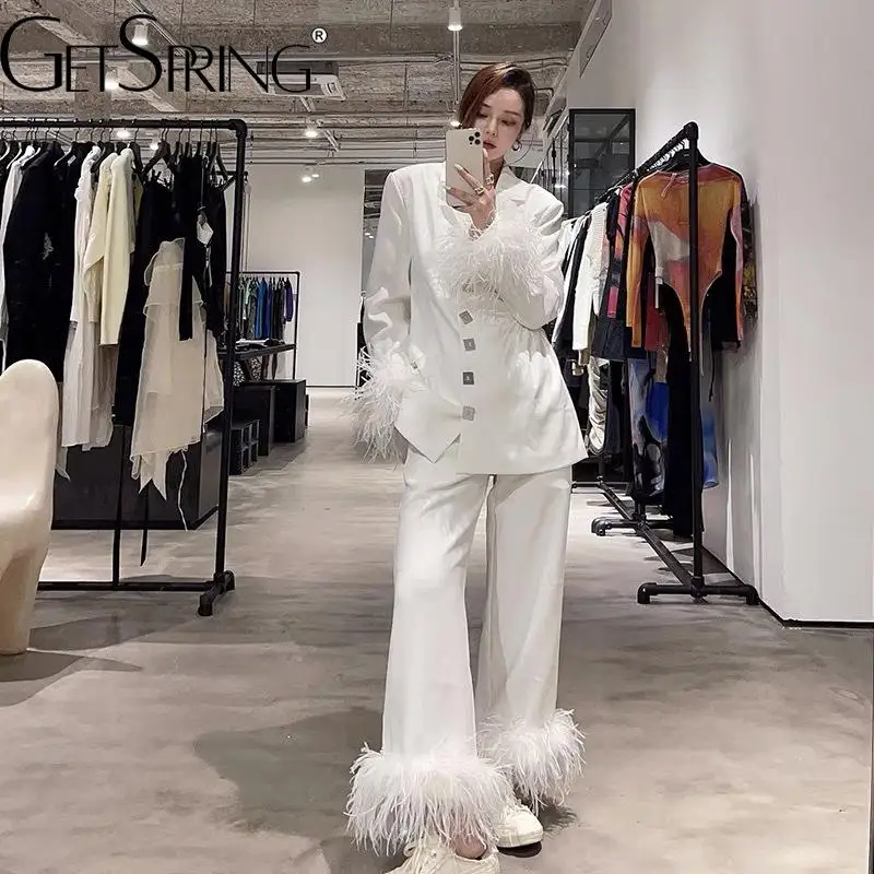 

GetSpring Women Pant Suits Feather Stitched Hollow Out Loose Long White Suit Coat High Waist Wide Leg Pants Two Piece Sets 2022