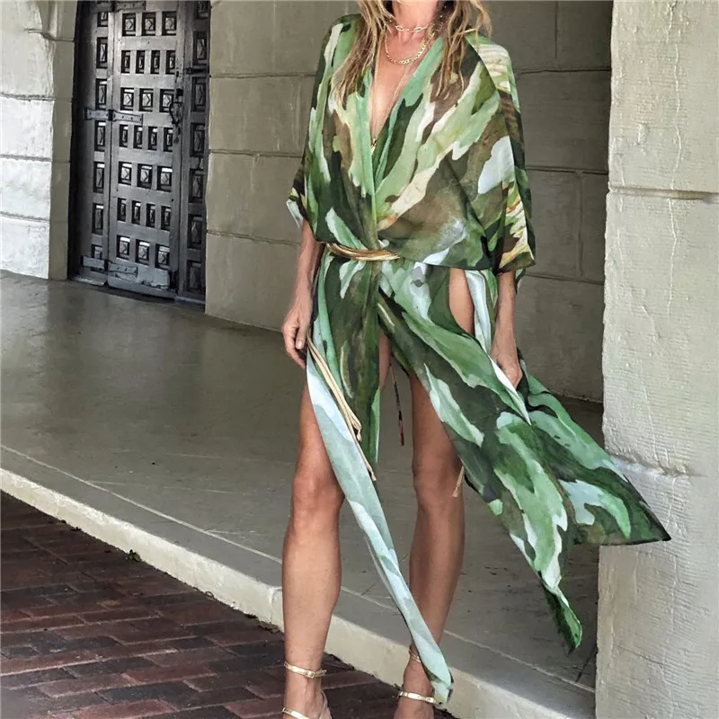 Женская Длинная накидка на купальник шифоновое кимоно с высоким разрезом и