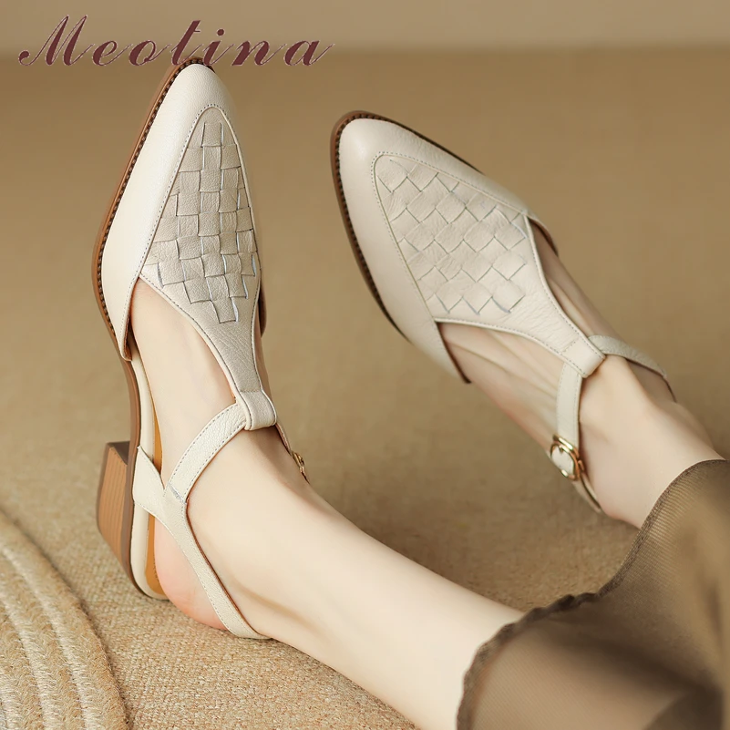 

Meotina Women Genuine Leather T-Tied Pumps Pointed Toe Chunky Mid Heels Buckle Sheepskin Ladies Fashion Shoes Summer Apricot 41