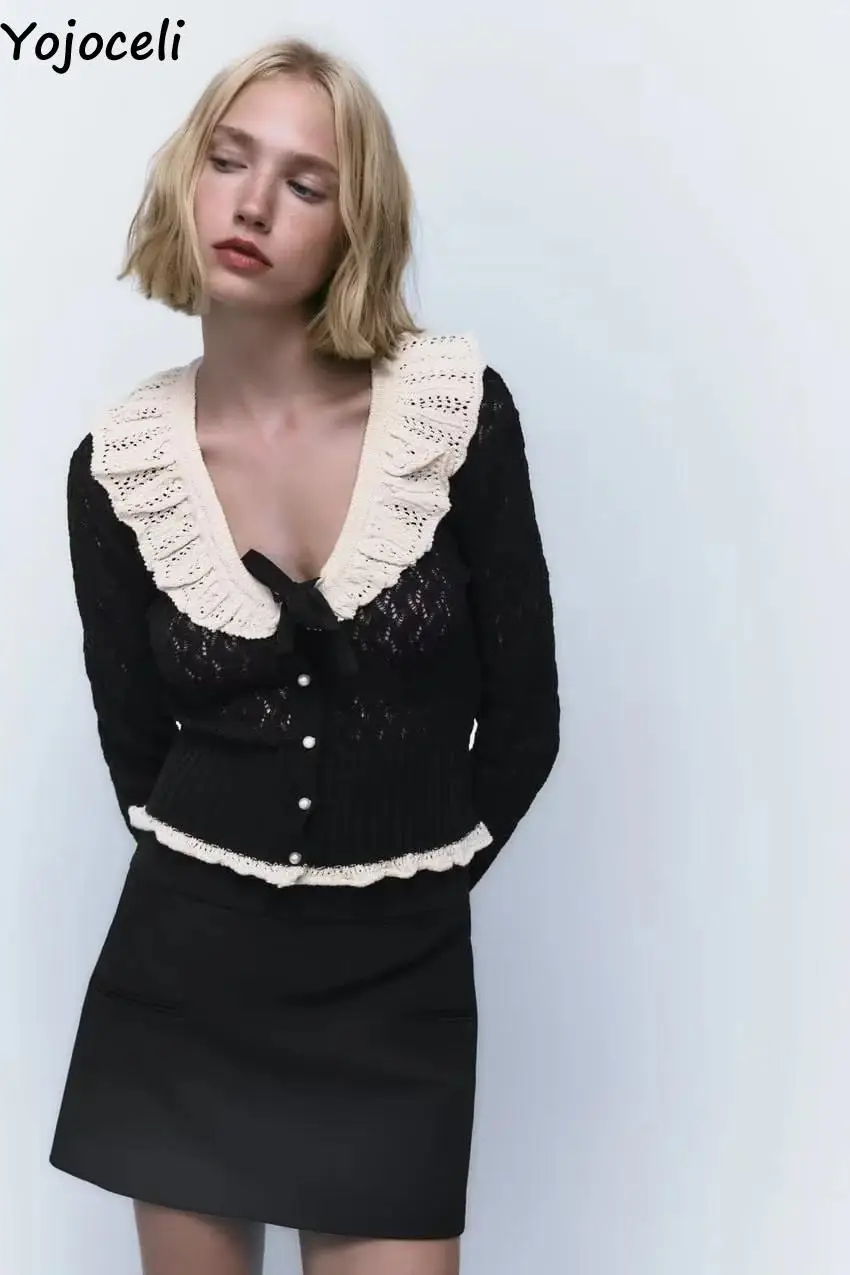 

Yojoceli Hollow out women peter pan collar knitted cardigan Autumn black button sweet slim cardigan Fashion sweet sweater tops