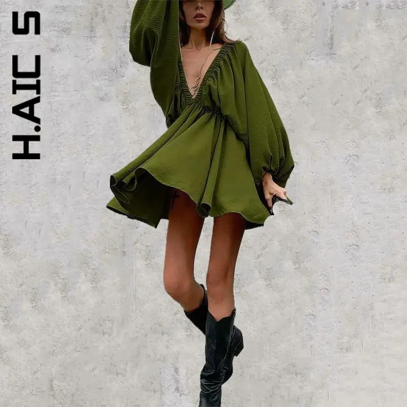 

H.Aic S Fashion Women Dress Backless Lantern Sleeve Streetwear A-Line Autumn Dress Soft Girl Robe Club Stylish Vestidos Dresses