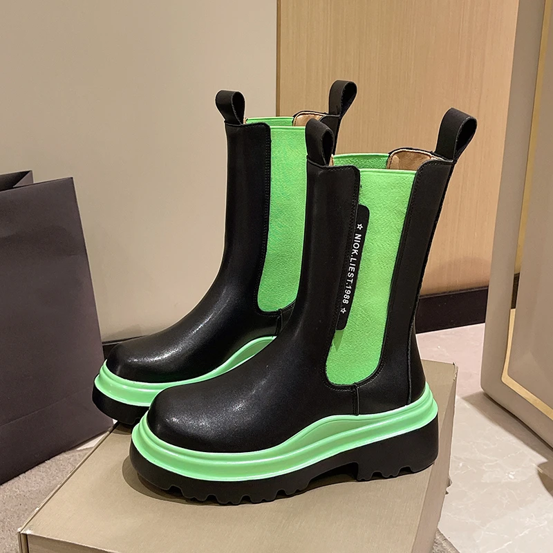 Ladies Chelsea Boots 2022 New Chunky Heel Round Toe Shoes Women Short Boots Platform High Heels Square Heel Zapatilla De Muje
