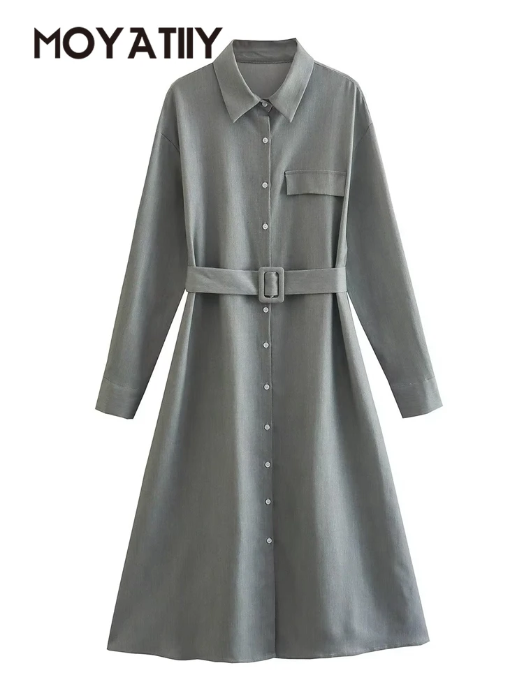 

Модное женское платье средней длины MOYATIIY с поясом и длинным рукавом, женские серые офисные платья