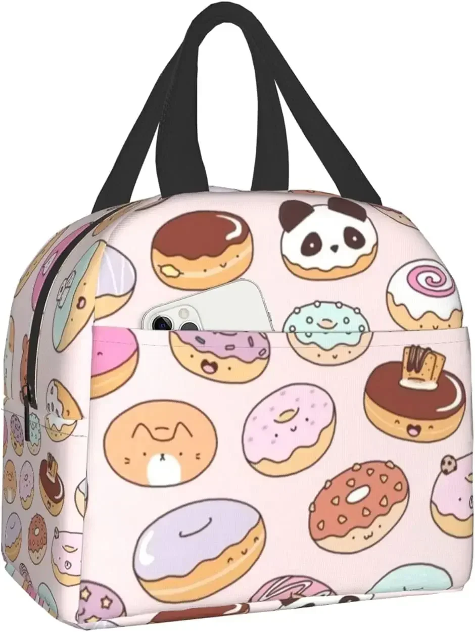 

Милые Пончики изолированная сумка для ланча, многоразовый Ланч-бокс для девочек, сумка-тоут для ланча с передним карманом для школы, пикника, офиса