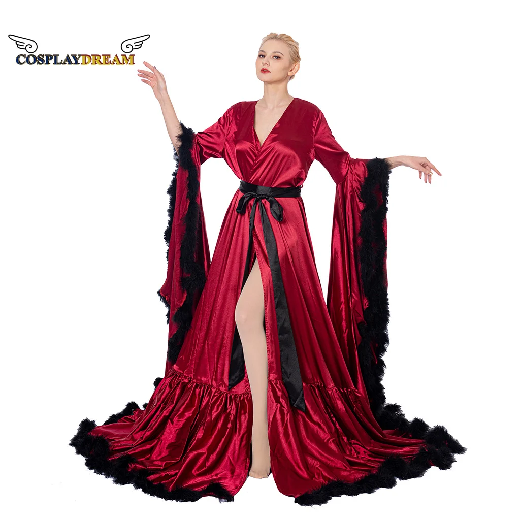 

Халат женский свадебный длинный в средневековом стиле, винтажная красная Роскошная вечерняя рубашка-кимоно с перьями