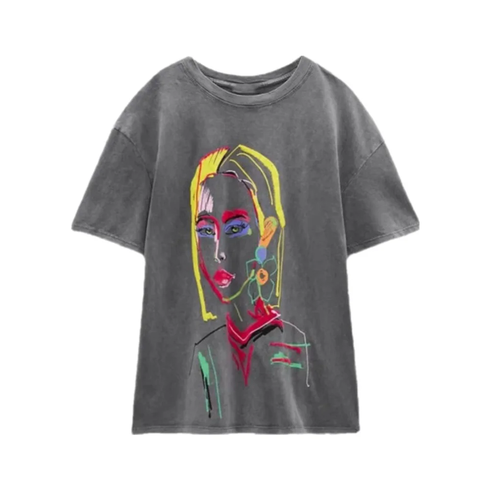 

Женская футболка с коротким рукавом BM & MD & ZA, серая Свободная Повседневная универсальная Студенческая футболка с круглым вырезом и принтом ...