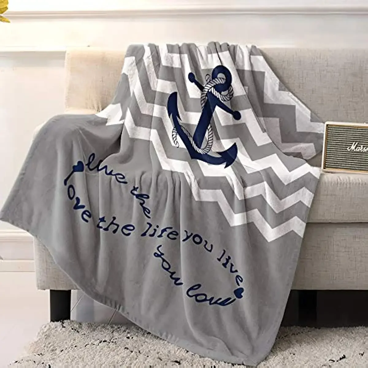 

Nautical Anchor Blanket Flannel Fleece Blanket Navy Anchor Chevron Super Soft Warm Cozy Throw Blanket for Bed Couch