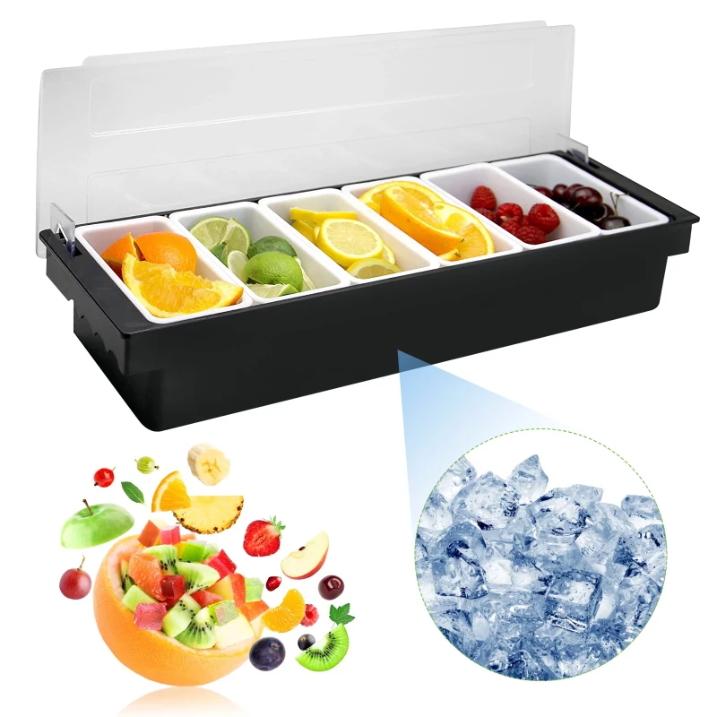 

3/4/5/6 Tray Condiment Server with Lid, Ice Chilled Fruit Salad Cocktail Garnish Dispenser Condiment Caddy Container (1pcs)