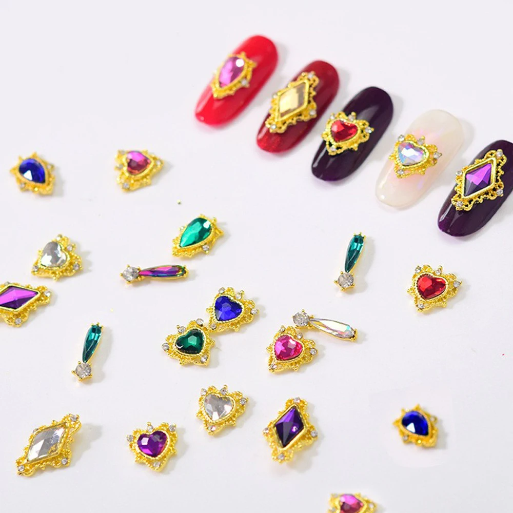 

Zircon Multi-shape Gem Alloy Charm 10pc Japan Luxury Rhinestone Hollow Retro Gold Silver Metal Ornament Colorful Nail Decoration