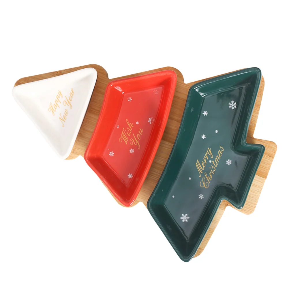

Christmas Tree Shape Fruit Plates Dessert Nuts Snack Plate Candy Dish Serving Trays With Bamboo Base Stand New Year Tableware