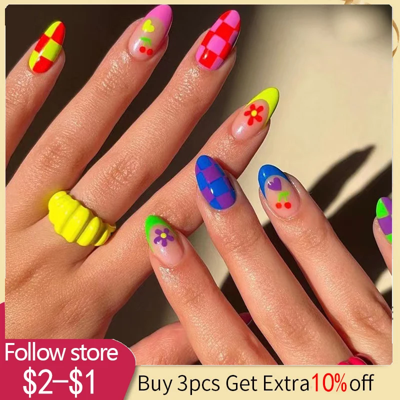 

24pcs Square Head False Nails Checkerboard Full Cover Nail Tips Detachable Short Nails Press On Nails Finished Manicure Tools