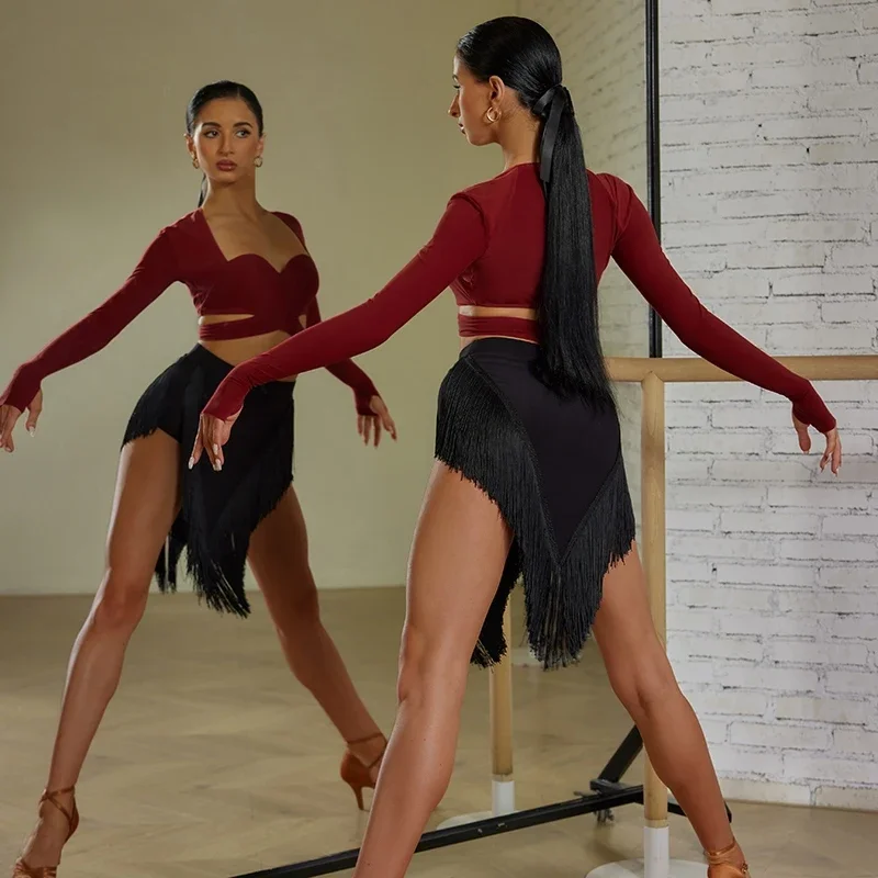 Топ с длинным рукавом для латиноамериканских танцев тренировочная танцевальная