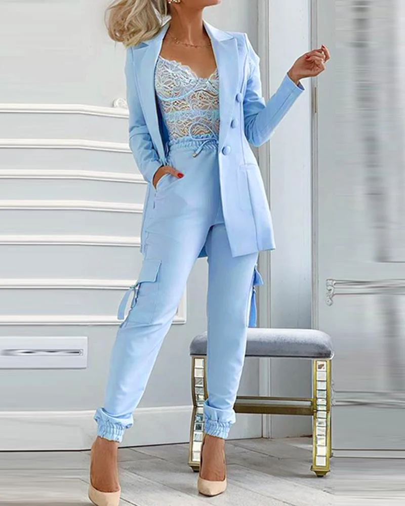 2023 Women Buttoned Blazer Coat & Pocket Design Pants Set Two Piece Blazer Suit Office Lady Pants Suit Womens Clothes Spring