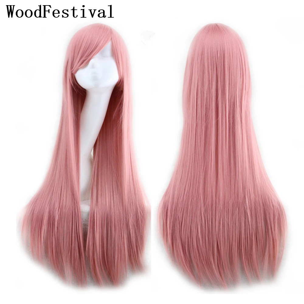 WoodFestival Synthetic Women Hair Wigs Light Purple Cosplay Red Straight Long Wig With Bangs Orange Black Pink Blue Green White