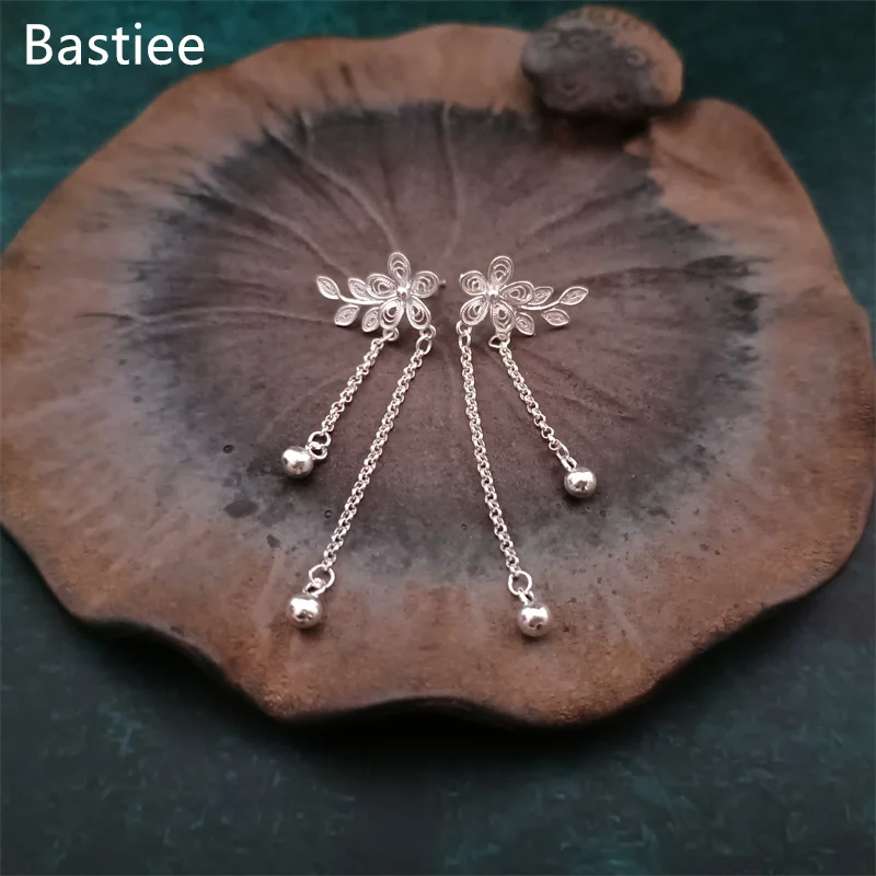 

Bastiee Ethnic S999 Sterling Silver Earrings for Women Unique Tassels Ear Studs Hmong Handmade Pendientes Christmas Gifts cерьги