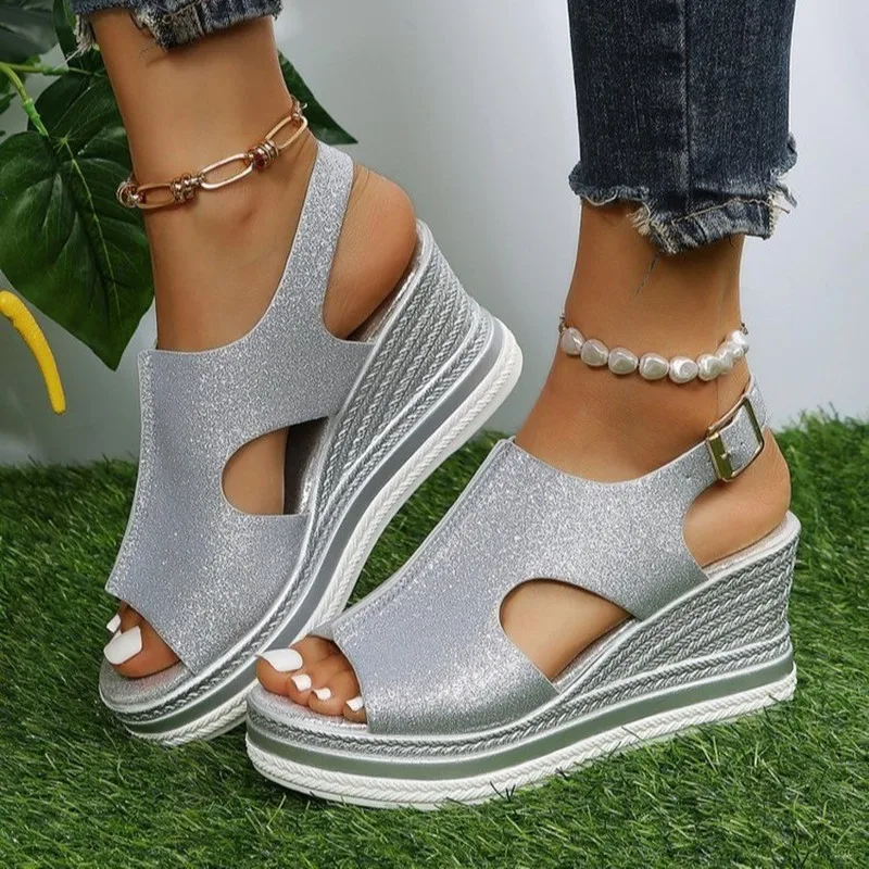 2023 Women's Casual Wedge Sandals Comfy Open Toe Glitter Color Golden Women's Summer High-heeled Sandals Sandalias De Mujer