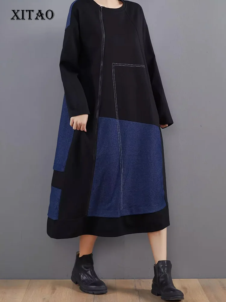 

XITAO, контрастные цвета, лоскутные, свободные платья на молнии, круглый вырез, пуловер с длинным рукавом, винтажный стиль, осень 2023, Новое поступление, для похудения, ZZ0170