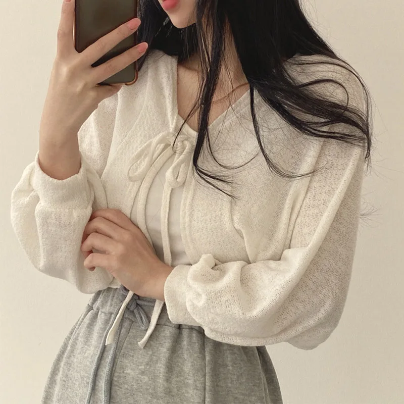 Белый вязаный кардиган женский летний тонкий солнцезащитный трикотажный топ на