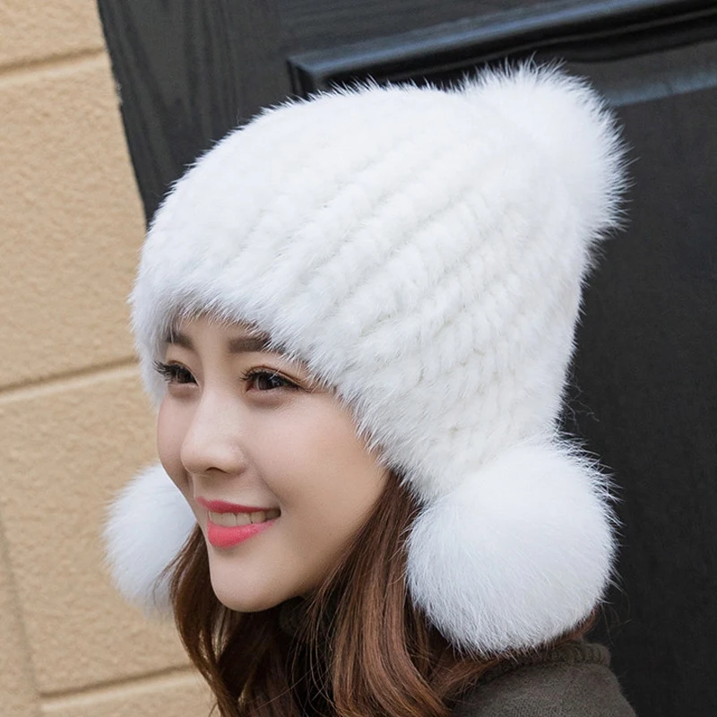 

Mink Fur Grass Hat Women's Winter Thickened Ear Protection Mink Knitted Versatile Fox Ball Hat real mink fur hat warm