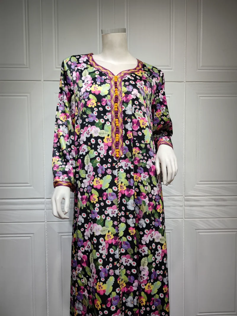 Modest Dress Elegant Casual Summer Floral Printed Long Dresses V-Neck Lace Tape Robe Muslim Women Abaya Dubai Clothing