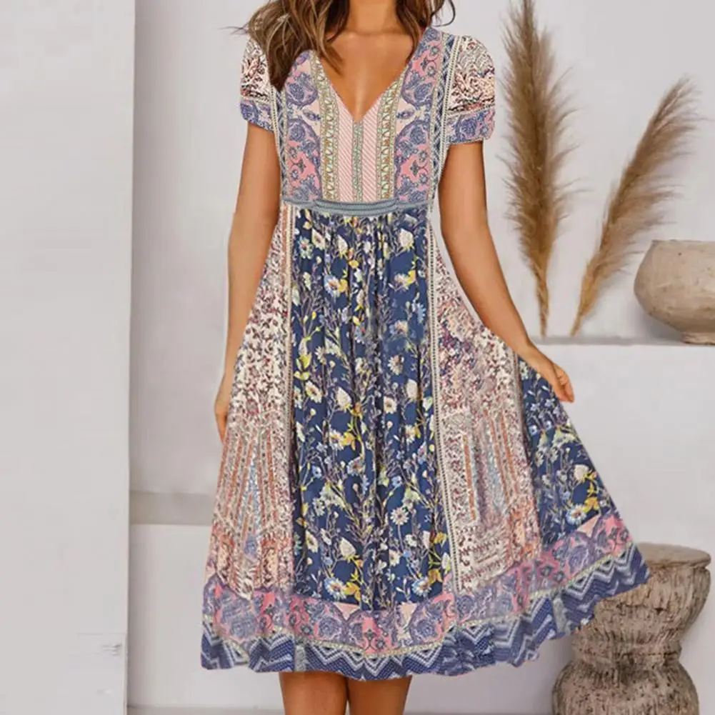 

Super Soft Soft Midi Dress Summer Casual Wear V-Neck Pullover Dress Non-shrink for Daily Wear