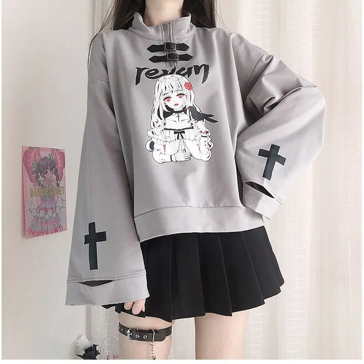 MINGLIUSILI Kawaii Anime Print Hoodie for Women Half High Neck Korean Fashion Loose All-match Sweatshirts Oversized Hoodie