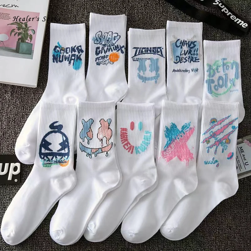 3 Pairs/Box Hip Hop Devil Letter X Stockings Cotton Harajuku White Graffiti Streetwear Funny Summer Thin Gifts Men Women Socks